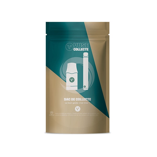 La pochette Sac de collecte Vuse de VUSE, de couleur marron et sarcelle, présente des illustrations de dispositifs de vapotage et de cartouches, ainsi qu'un texte en français promouvant une élimination correcte.