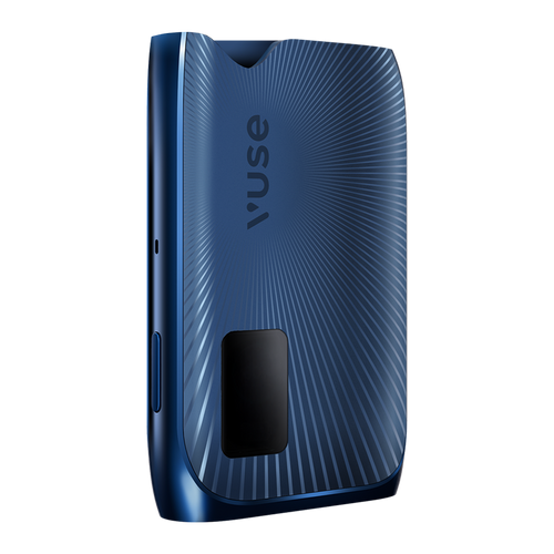 Vuse | Une cigarette électronique rectangulaire, élégante et bleue, ornée d'un motif rayonnant, dotée d'un bouton rectangulaire noir et portant le nom de la marque « Vuse » gravé sur le devant. | Cigarettes Electroniques et Recharges