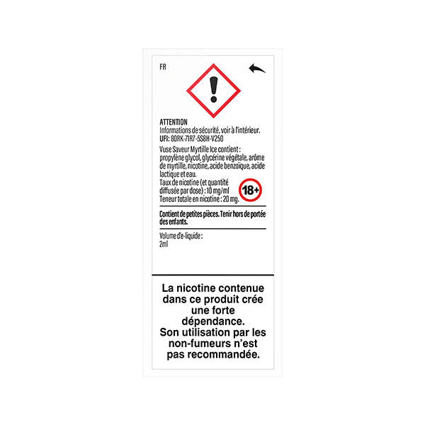 Une étiquette d'avertissement française pour la 1 Pod Saveur Myrtille Ice de VUSE montre un symbole de danger, 