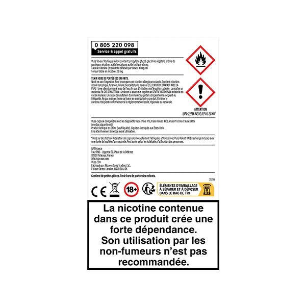 Une étiquette d'avertissement en français pour VUSE Recharges Gamme Intense Saveur Pastèque Melon 10 mg/ml, avec des symboles de danger, des conseils de sécurité et 