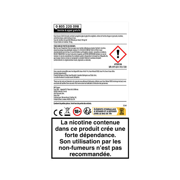 Étiquette pour Recharges Gamme Intense Saveur Litchi Grenade de VUSE avec symboles de danger, icônes d'avertissement, texte en français sur la dépendance à la nicotine, conseil aux non-fumeurs de ne pas utiliser, teneur en nicotine de 10 mg/ml, numéro de contact et informations de sécurité essentielles.