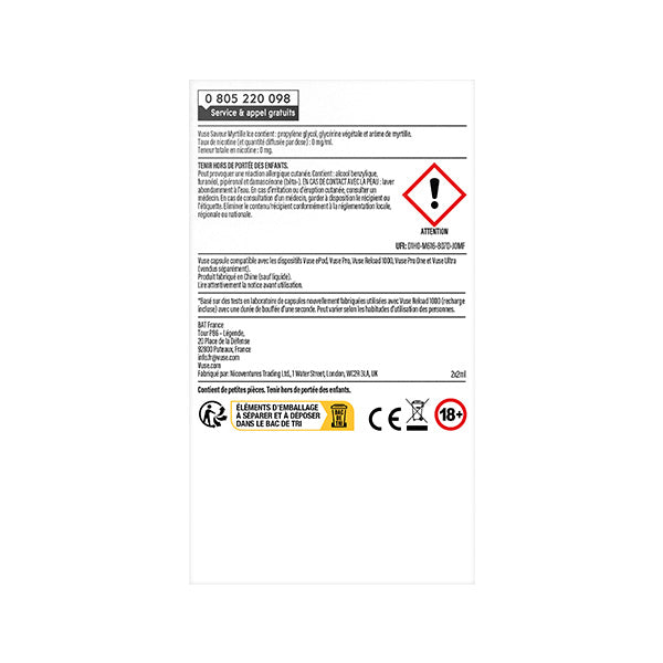 Une étiquette de produit VUSE blanche avec du texte noir, des symboles d'avertissement et des logos (triangle de danger rouge, recyclage, CE, 18+). Elle détaille les consignes de sécurité pour Recharge Gamme Intense Saveur Myrtille Ice et comporte un numéro de téléphone de contact en haut.