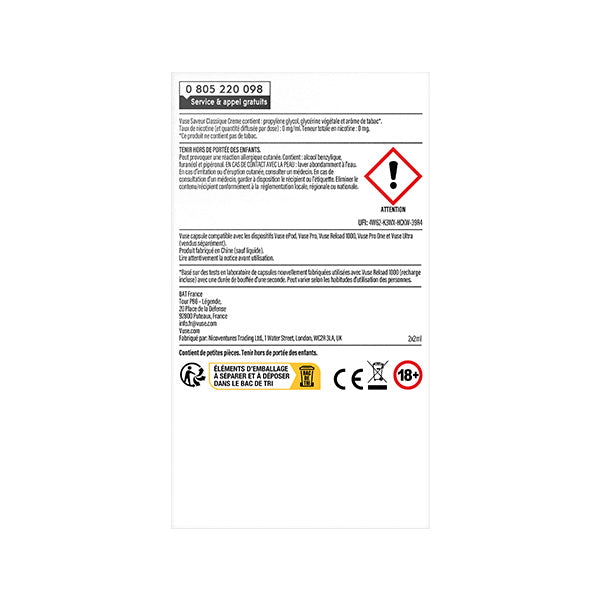 Étiquette blanche avec texte noir et symboles de sécurité : losange de danger rouge, marque CE, symbole de recyclage, 