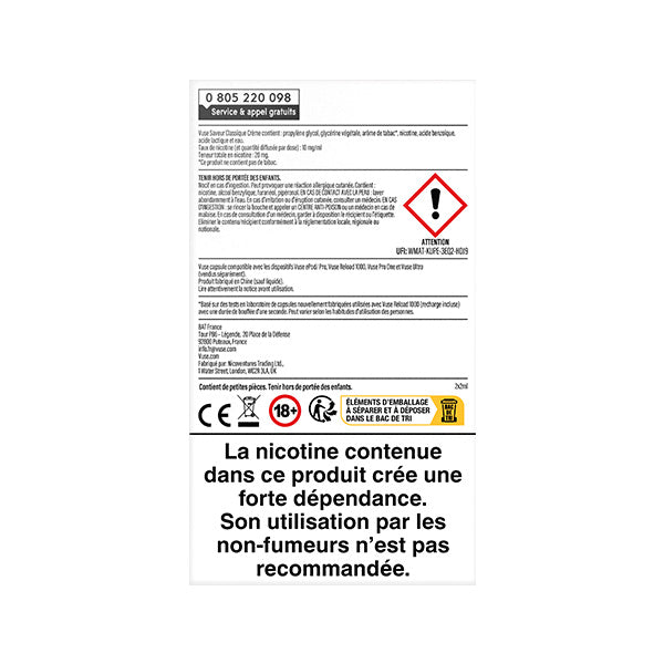 Le dos de l'emballage de VUSE Recharge Gamme Intense Saveur Classique Crème présente des symboles d'avertissement, un code-barres, un texte en français et un avertissement en gras : la nicotine crée une dépendance et n'est pas recommandée aux non-fumeurs.