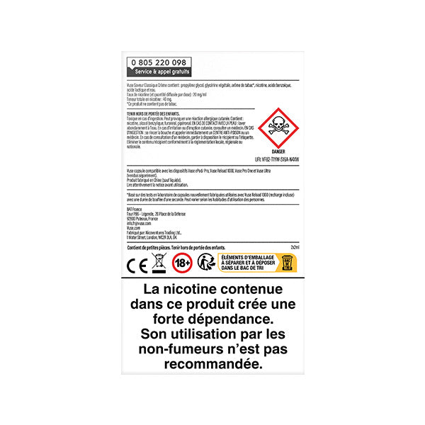 Dos d'un emballage de VUSE Recharge Gamme Intense Saveur Classique Crème avec des informations de sécurité en français, des symboles de danger, un numéro de téléphone d'assistance et un avertissement indiquant que le produit contient de la nicotine et qu'il n'est pas recommandé aux non-fumeurs.