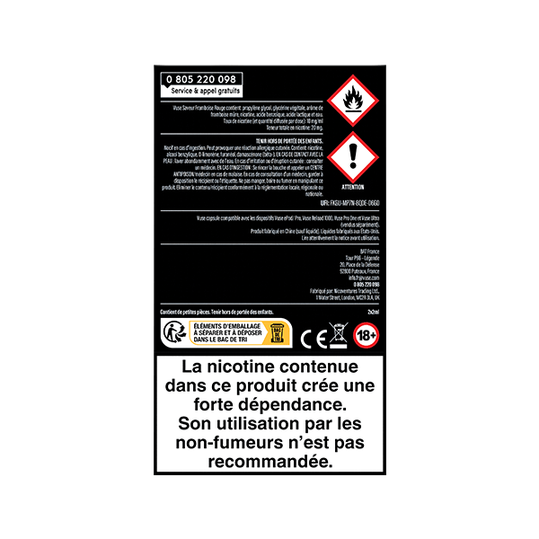 Une étiquette d'avertissement en noir et blanc en français pour les capsules VUSE Ultra Saveur Framboise Rouge, montrant des symboles de danger, des informations de sécurité, et un avertissement en gras : la nicotine 10 mg/ml crée une forte dépendance et n'est pas recommandée pour les non-fumeurs.