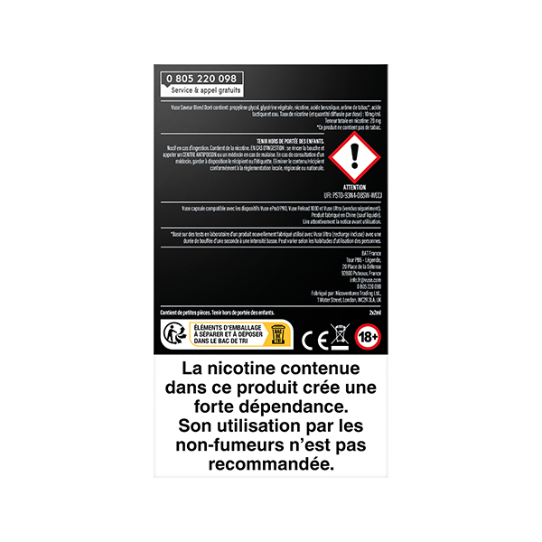 Étiquette d'avertissement en noir et blanc pour les capsules VUSE Ultra Saveur Blend Doré, 10mg de nicotine, en français, avec des symboles d'avertissement et un texte avertissant que la nicotine crée une forte dépendance et n'est pas recommandée pour les non-fumeurs.