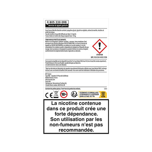 Étiquette pour Recharge Gamme Classique Saveur Menthe Glaciale de VUSE, avec symbole rouge de danger. Avertissement sur le risque d'addiction à la nicotine. Non recommandé aux non-fumeurs. Numéro de téléphone en haut.