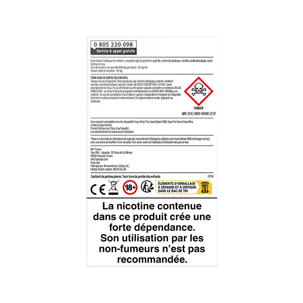 L'étiquette de VUSE Recharge Gamme Intense Saveur Pastèque Ice comporte des avertissements de sécurité, une tête de mort et une mention française en gras indiquant que la nicotine contenue dans l'emballage crée une forte dépendance et n'est pas recommandée aux non-fumeurs.