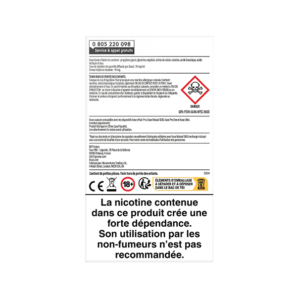 Étiquette d'avertissement pour VUSE Recharge Gamme Intense Saveur Raisin Ice : La nicotine contenue dans ce produit crée une forte dépendance. Son utilisation par les non-fumeurs n'est pas recommandée.