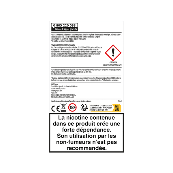 Une étiquette d'avertissement française pour VUSE Recharge Gamme Classique Saveur Blend Doré comporte des capsules saveur, des symboles de danger, une restriction 18+ et un texte en gras indiquant que la nicotine crée une forte dépendance et qu'elle n'est pas recommandée aux non-fumeurs.
