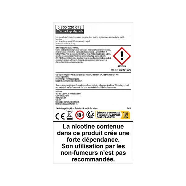 Une étiquette d'avertissement française pour le VUSE Recharge Gamme Intense Saveur Fusion Fruits des Bois avec des symboles de danger et un texte en gras indiquant que la nicotine crée une forte dépendance et qu'elle n'est pas recommandée aux non-fumeurs, en particulier pour ce produit.