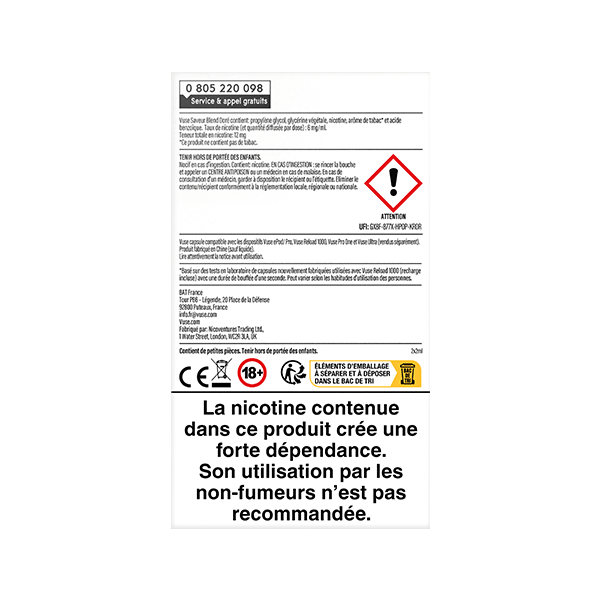 Une étiquette d'avertissement française pour les capsules de nicotine VUSE Recharge Gamme Classique Saveur Blend Doré comprend un symbole de danger, des consignes de sécurité, un numéro de téléphone d'assistance et un avertissement en gras indiquant que la nicotine crée une dépendance et qu'elle n'est pas destinée aux non-fumeurs.