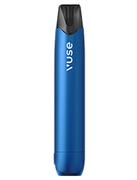 Stylo à vape Vuse bleu avec un embout noir, représenté à la verticale sur un fond blanc uni. Le mot Vuse est imprimé verticalement sur le devant de l'appareil.