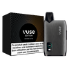 Un VUSE Ultra Kit Simple Edition se trouve à côté de sa boîte noire ornée de lignes circulaires et d'un avertissement sur la nicotine en français. L'écran affiche 80 % de batterie. Compatible avec les dosettes VUSE Ultra.