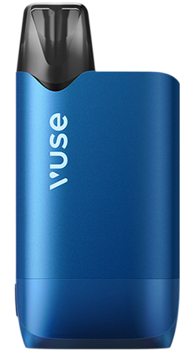 Un dispositif de vaporisation Vuse bleu avec un embout noir et le nom de la marque Vuse écrit verticalement en blanc sur le devant.