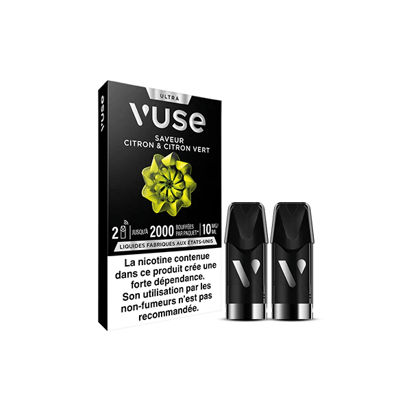Boîte noire de dosettes d'e-cigarette VUSE, montrant deux capsules Vuse Ultra Saveur Citron & Citron Vert et un avertissement français de dépendance à la nicotine de 10 mg conseillant aux non-fumeurs de ne pas les utiliser.