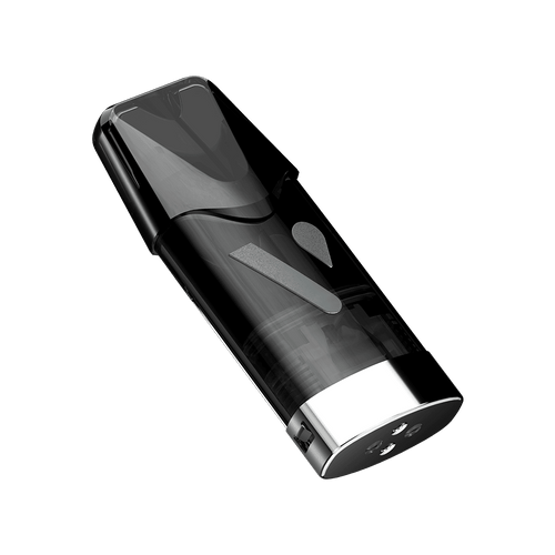 Vuse | Un appareil électronique noir aux lignes épurées, doté d'une partie transparente laissant entrevoir ses composants internes, et d'un socle argenté sur lequel figurent de petites icônes. L'objet, au design moderne et minimaliste, est photographié sur un fond blanc uni. | Cigarettes Electroniques et Recharges