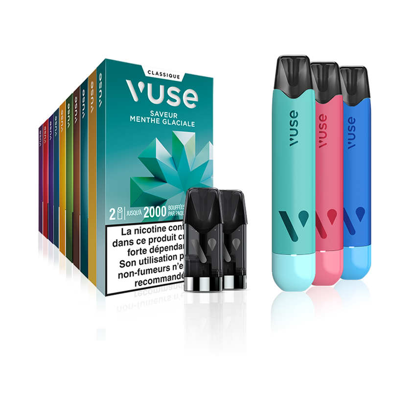 Vuse | Une rangée de boîtes de cartouches pour vapoteuse Vuse de différentes couleurs est exposée à côté de trois stylos vapoteurs Vuse bleus, turquoise et roses, ainsi que de deux pods noirs. | Cigarettes Electroniques et Recharges