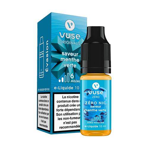 Vuse | Un flacon d'e-liquide Vuse de 10 ml et son emballage, portant la mention « Saveur Menthe Verte » avec une concentration en nicotine de 6 mg/ml. La boîte et le flacon sont bleus, avec des détails blancs et orange, et des inscriptions en français. | Cigarettes Electroniques et Recharges