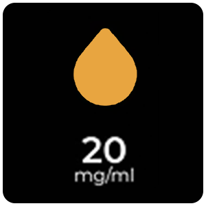 Vuse | Icône représentant une goutte orange au-dessus de la mention 20 mg/ml sur fond noir. | Cigarettes Electroniques et Recharges