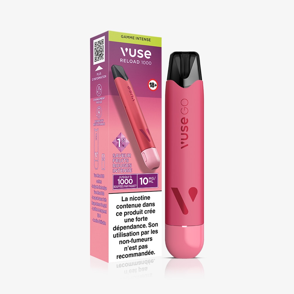 Vuse | Un dispositif rechargeable VUSE Reload 1000 Bar Saveur Fruits Rouges Intense de couleur rose est posé à côté de son emballage, sur lequel figurent les informations relatives au produit, le nom de la saveur et un avertissement sur la nicotine en français. | Cigarettes Electroniques et Recharges
