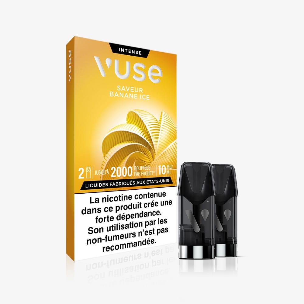 Vuse | Un emballage « VUSE Recharge Gamme Intense Saveur Banane Ice », de couleur jaune et blanche, présente deux capsules noires. Un texte en français met en garde contre la dépendance à la nicotine et précise que les non-fumeurs ne doivent pas utiliser ce produit. | Cigarettes Electroniques et Recharges