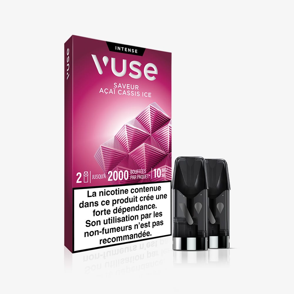 Vuse | La boîte « Saveur Açaï Cassis » de VUSE Recharges, ornée d'un motif géométrique violet, contient deux pods de 10 mg/ml visibles à l'avant et comporte une étiquette d'avertissement relative à la nicotine, conforme à la réglementation française, au bas de l'emballage. | Cigarettes Electroniques et Recharges
