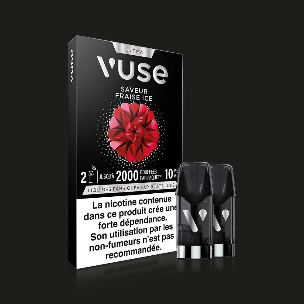Vuse | On voit ici un emballage de pods Vuse Ultra Saveur Fraise Ice de la marque VUSE, orné d'un motif floral rouge, ainsi que deux capsules reliées entre elles. L'étiquette d'avertissement française met en garde contre les risques de dépendance à la nicotine. | Cigarettes Electroniques et Recharges