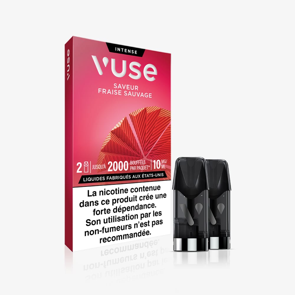 Vuse | On voit ici une boîte de VUSE Recharge Gamme Intense Saveur Fraise Sauvage contenant un paquet de deux capsules. L'emballage rouge vif comporte des avertissements sur la nicotine en français et en anglais, ainsi qu'un motif géométrique. | Cigarettes Electroniques et Recharges