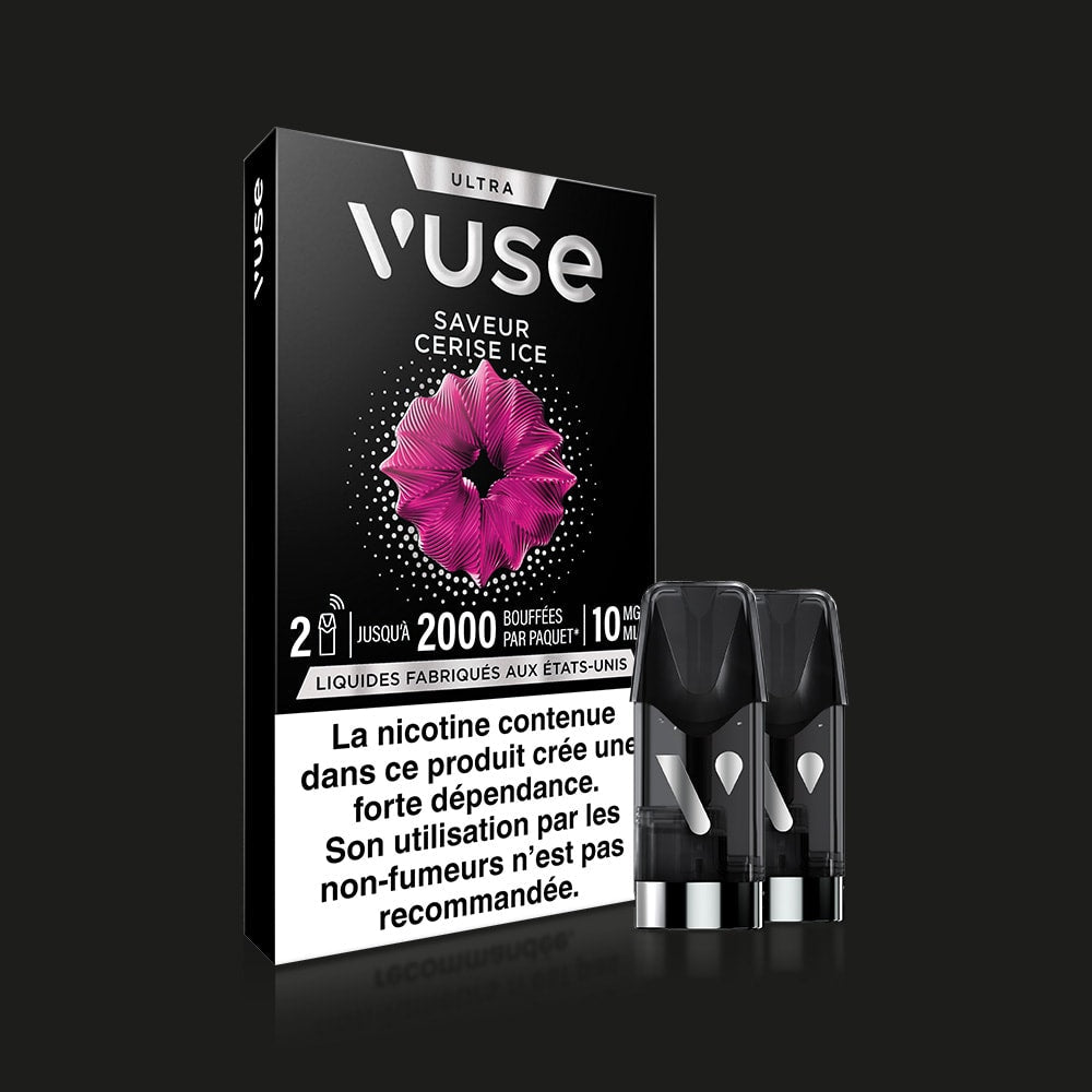 Vuse | Pack de capsules de vapotage VUSE Ultra Saveur Cerise Ice, orné d'un motif floral rose, de la mention en français « capsule connectée » et de deux capsules transparentes représentées à l'avant de la boîte sur fond noir. | Cigarettes Electroniques et Recharges
