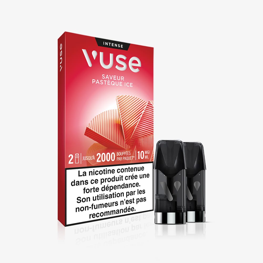 Vuse | On voit une boîte rouge de VUSE Recharge Gamme Intense Saveur Pastèque Ice, avec deux pods noirs placés à l'avant. L'emballage comporte des illustrations de pastèque et un avertissement français sur la nicotine. | Cigarettes Electroniques et Recharges