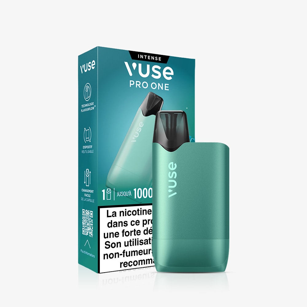 Vuse | Une cigarette électronique Vuse Pro ONE Box Menthe Ice de couleur bleu sarcelle apparaît devant son emballage assorti, sur lequel figurent la marque VUSE, le nom du produit et un avertissement français sur la nicotine, le tout sur fond blanc. | Cigarettes Electroniques et Recharges