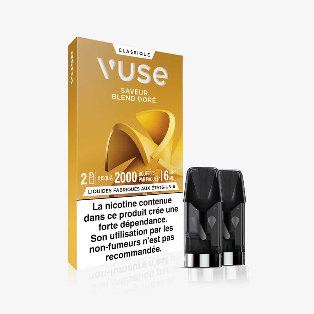Vuse | Le paquet « Gamme Classique Saveur Blend Doré » de VUSE Recharge se présente sous la forme d'une boîte jaune et dorée sur laquelle figurent, au premier plan, deux dosettes noires ressemblant à des capsules. Un avertissement sanitaire français concernant la nicotine apparaît en bas de la boîte. | Cigarettes Electroniques et Recharges