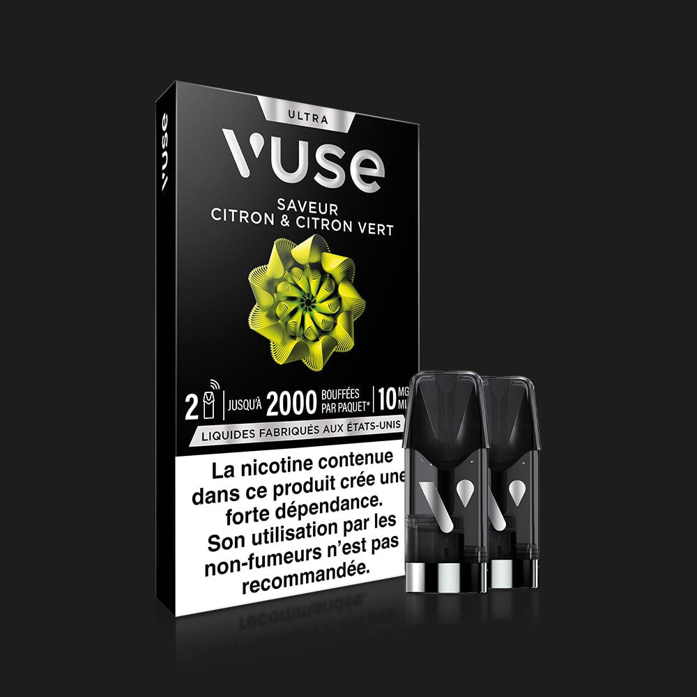 Vuse | Une boîte de VUSE Ultra Saveur Citron & Citron Vert est présentée, avec deux capsules à l'avant ; l'emballage comporte des avertissements en français concernant la dépendance à la nicotine. | Cigarettes Electroniques et Recharges