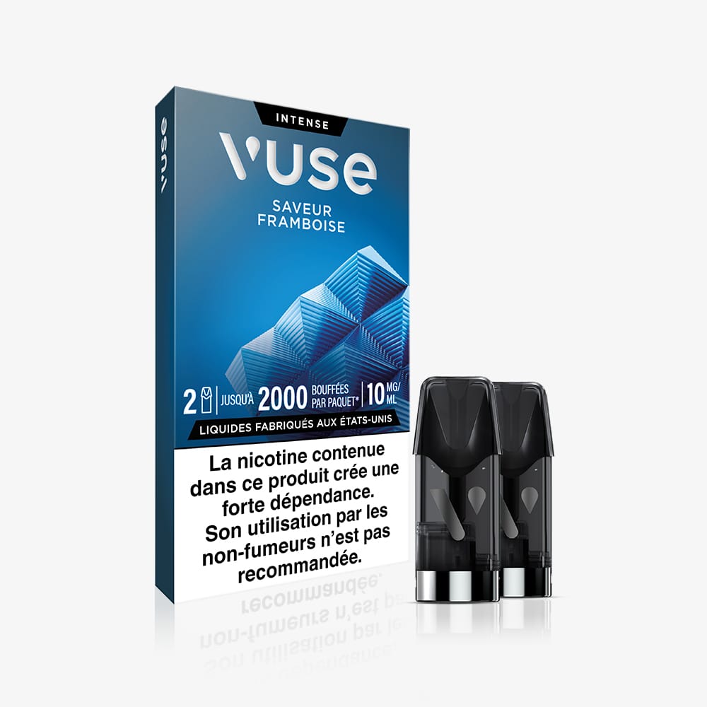 Vuse | On voit un paquet bleu de VUSE Recharge Gamme Intense Saveur Framboise, avec deux pods noirs à l'avant, et un avertissement sanitaire français figure au bas de l'emballage. | Cigarettes Electroniques et Recharges