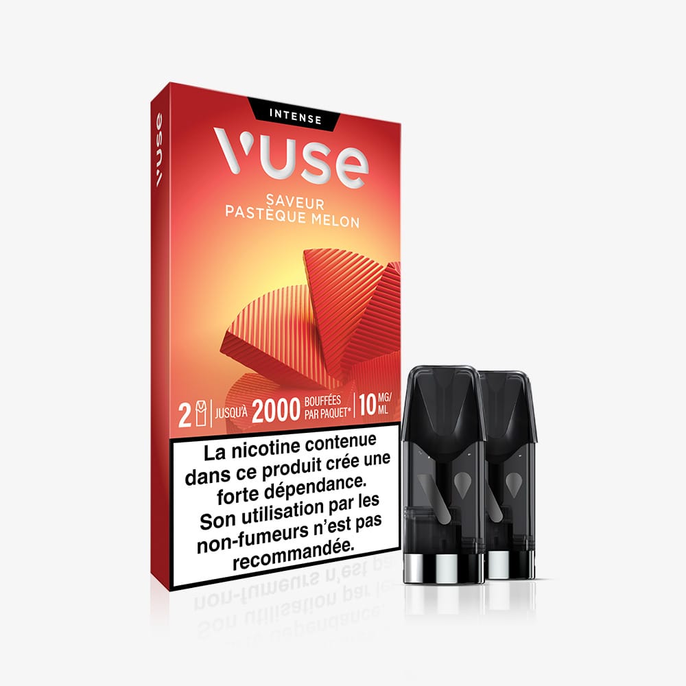 Vuse | Boîte de recharges VUSE « Standards Saveur Pastèque Melon » de couleur rouge et orange, avec deux dosettes « Pastèque Melon » à côté et, en bas, un avertissement en français indiquant que la nicotine (10 mg/ml) crée une dépendance. | Cigarettes Electroniques et Recharges