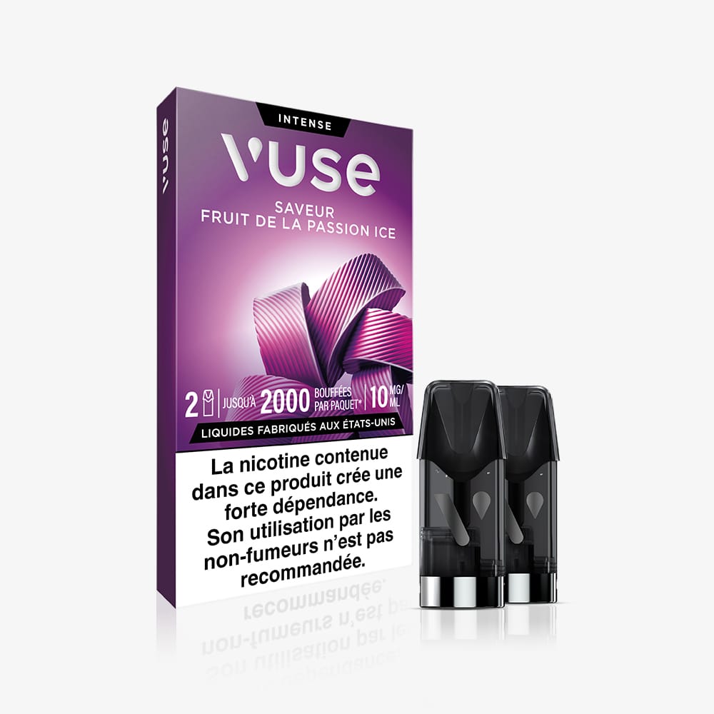 Vuse | Un paquet de recharges de la gamme « Intense Saveur Fruit de la passion Ice » de VUSE est représenté, montrant deux capsules. L’emballage violet à motif abstrait comporte un avertissement en français concernant la présence de nicotine. | Cigarettes Electroniques et Recharges