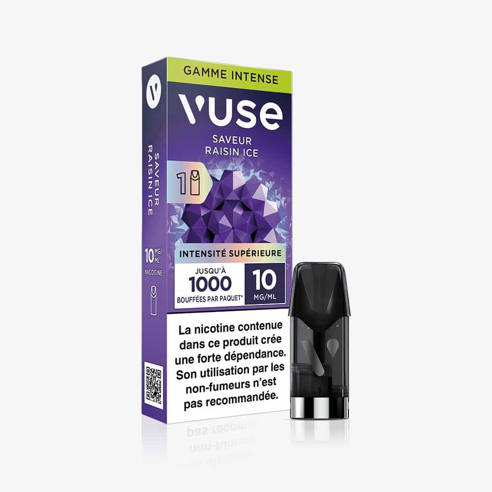 Vuse | On voit ici un paquet de VUSE 1 Pod Saveur Raisin Ice (10 mg/ml de nicotine), à côté duquel se trouve une cartouche de vapotage noire ; la boîte présente des illustrations violettes et un avertissement français sur la nicotine en bas. | Cigarettes Electroniques et Recharges
