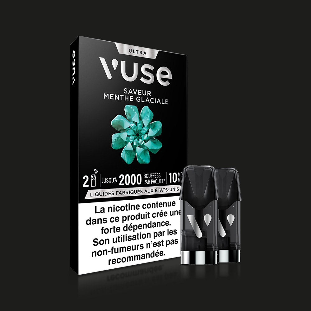 Vuse | Un paquet noir de pods « Vuse Ultra Saveur Menthe Glaciale » de la marque VUSE présente des feuilles de menthe sur le devant. Deux pods sont placés à côté de la boîte, sur laquelle figure, en bas, un avertissement concernant la nicotine en français. | Cigarettes Electroniques et Recharges