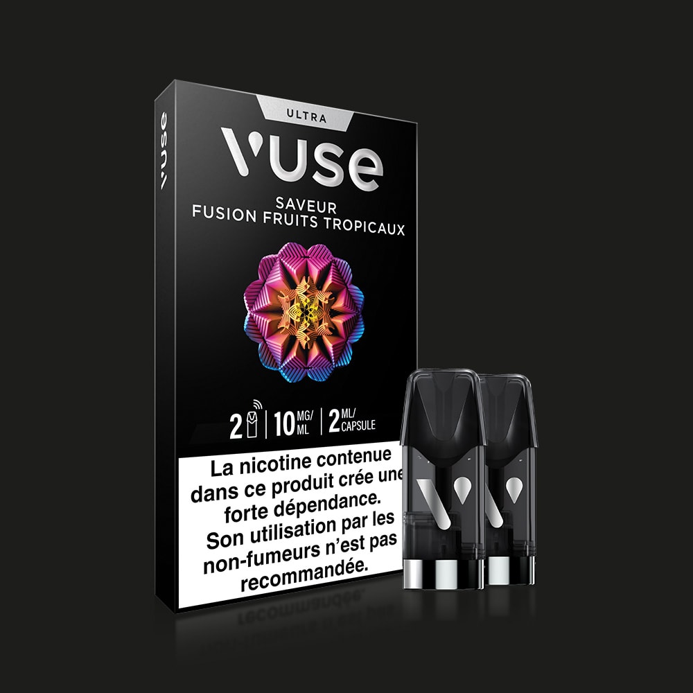 Vuse | Un pack de pods VUSE Ultra Saveur Fusion Fruits Tropicaux comporte deux capsules reliées entre elles sur le devant, un motif géométrique coloré représentant des fruits, ainsi qu'un avertissement français sur la nicotine sur fond noir. | Cigarettes Electroniques et Recharges