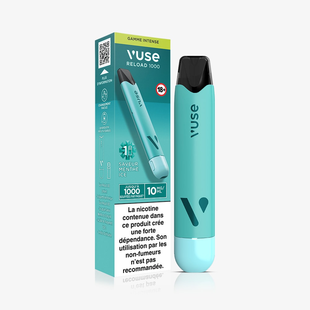 Vuse | Un vaporisateur VUSE Reload 1000 Bar Saveur Menthe Ice de couleur bleue est présenté à côté de son emballage, sur lequel figurent les informations produit en français ainsi que des icônes indiquant la saveur « Menthe Ice », la teneur en nicotine et le fait qu'il s'agit d'un appareil rechargeable destiné aux fumeurs adultes. | Cigarettes Electroniques et Recharges