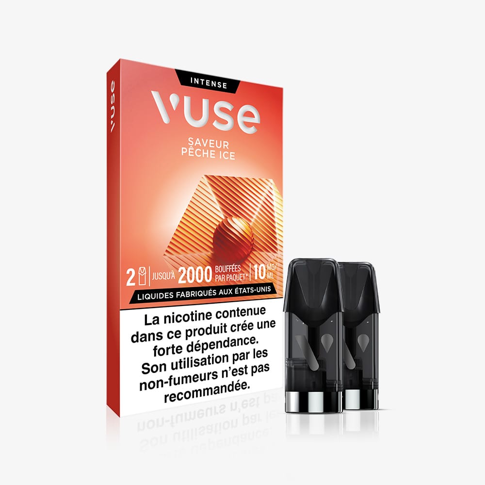 Vuse | On voit ici un pack réutilisable VUSE « Standards Saveur Pêche » avec deux capsules. L'emballage orange comporte un avertissement en français indiquant que le produit contient de la nicotine et qu'il n'est pas recommandé aux non-fumeurs. | Cigarettes Electroniques et Recharges