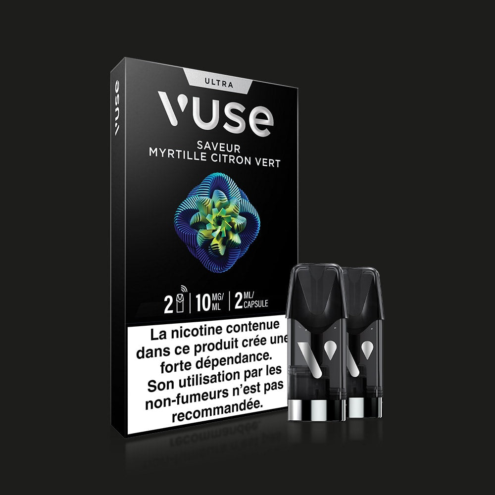Vuse | Une boîte de VUSE Ultra Saveur Myrtille Citron Vert, avec deux capsules à l'avant. L'emballage noir et épuré arbore une étiquette française d'avertissement sur la nicotine. | Cigarettes Electroniques et Recharges