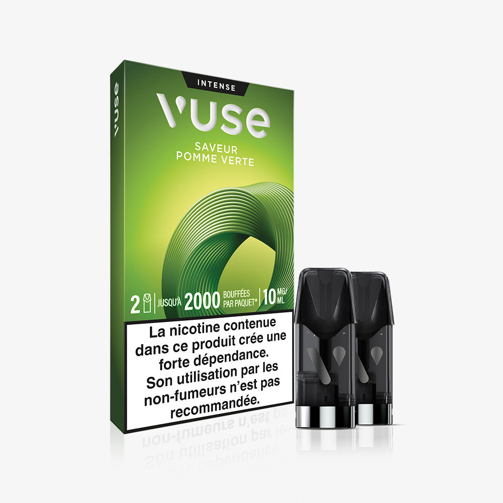 Vuse | Un paquet vert de VUSE Recharge Gamme Intense Saveur Pomme Verte contenant deux capsules noires. L'emballage comporte des avertissements en français concernant la teneur en nicotine et le risque de dépendance. | Cigarettes Electroniques et Recharges