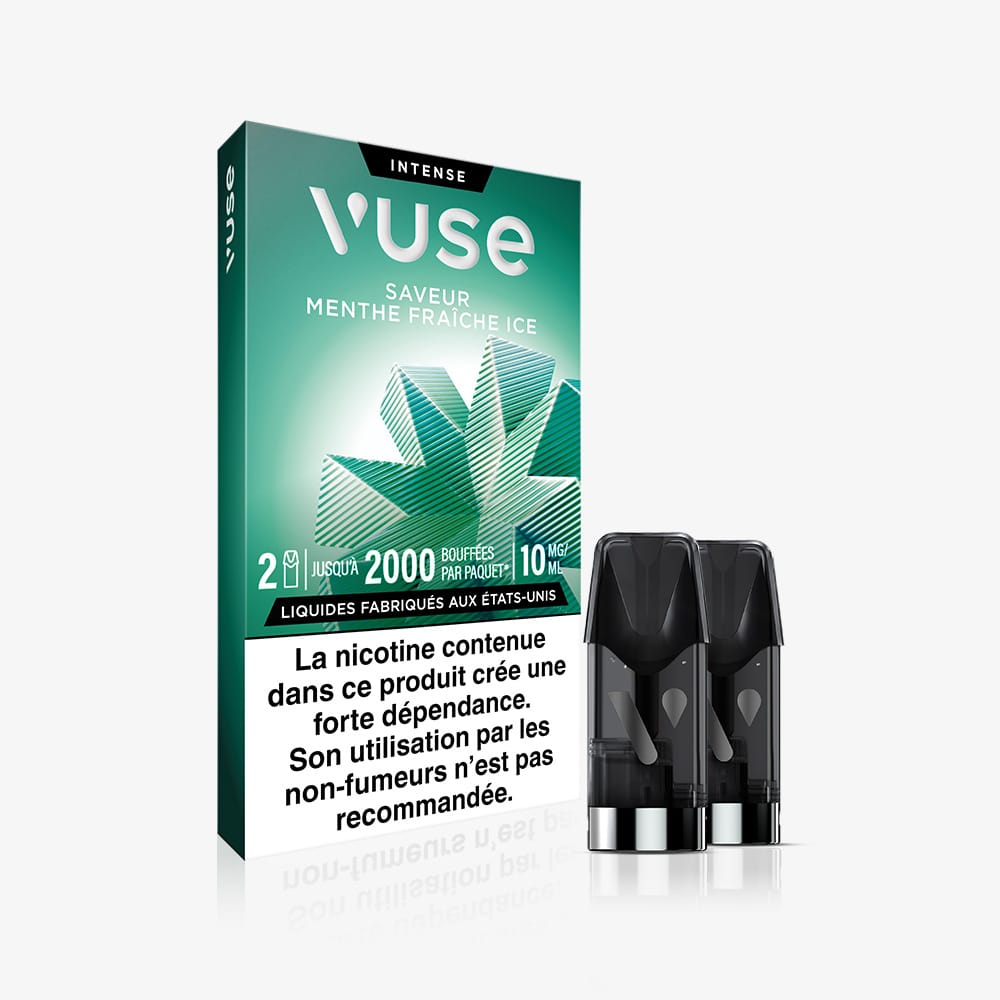 Vuse | Un paquet de recharges standard VUSE Saveur Menthe Fraîche Ice contenant deux capsules à l’avant. La boîte arbore un motif de feuille verte et comporte un avertissement en français sur le risque de dépendance à la nicotine. | Cigarettes Electroniques et Recharges