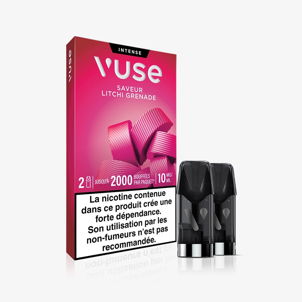 Vuse | On voit ici une boîte de recharges VUSE Standards « Saveur Litchi Grenade » contenant deux pods, dans un emballage rose indiquant une concentration en nicotine de 10 mg/ml, ainsi qu'un avertissement en français précisant que ce produit n'est pas recommandé aux non-fumeurs. | Cigarettes Electroniques et Recharges