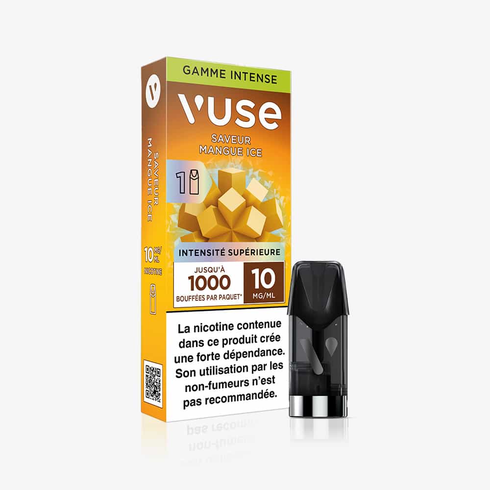Vuse | Une boîte de VUSE 1 Pod Saveur Mangue Ice — portant la mention « Saveur Mangue » et ornée d’images de mangues — contient 10 mg/ml de nicotine et promet 1 000 bouffées. La capsule est représentée à côté de la boîte, sur laquelle figure en bas un avertissement français concernant la nicotine. | Cigarettes Electroniques et Recharges