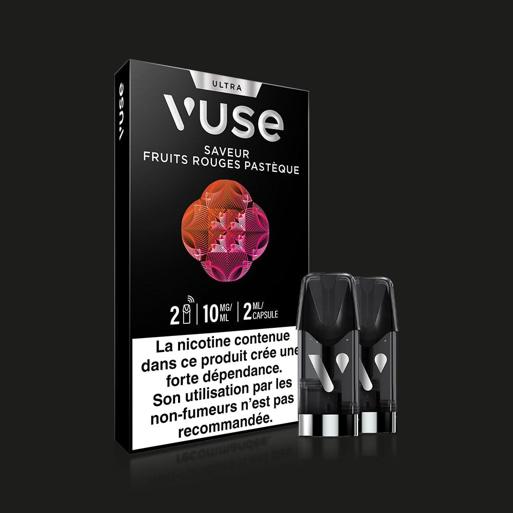 Vuse | Un pack VUSE Ultra Saveur Fruits Rouges Pastèque, contenant deux capsules, est présenté devant un élégant coffret noir orné d'un motif géométrique rouge et d'un texte en français mettant en avant sa saveur rafraîchissante. | Cigarettes Electroniques et Recharges