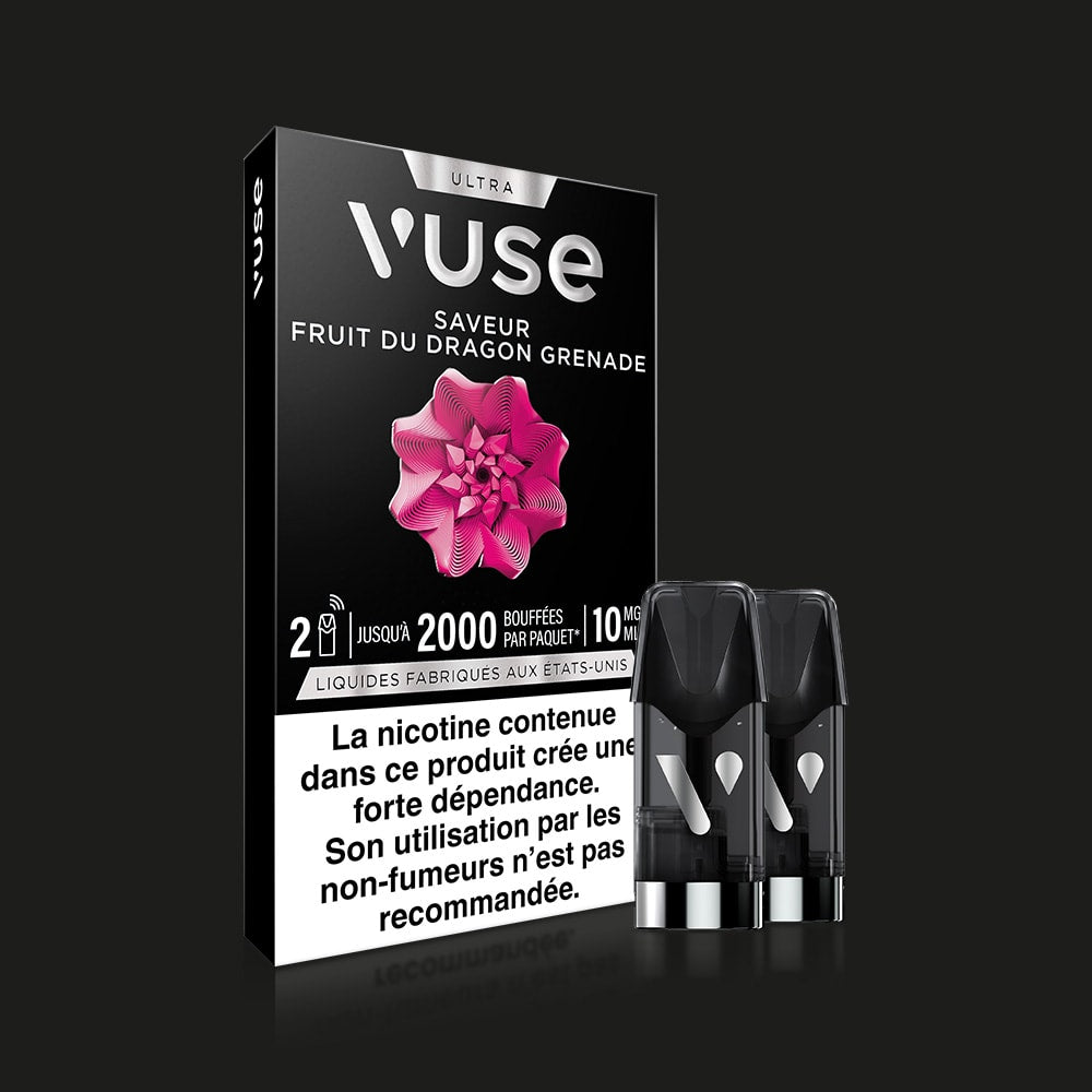 Vuse | Le Vuse Ultra Saveur Fruit du Dragon Grenade de VUSE est présenté dans un emballage noir orné d'une fleur rose. Deux pods sont placés à côté de la boîte, sur laquelle figurent un texte en français et un avertissement concernant la nicotine. | Cigarettes Electroniques et Recharges